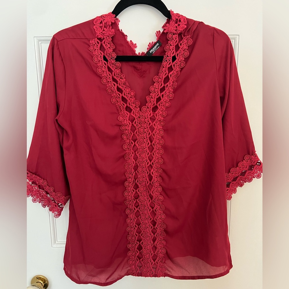 Red Blouse with Lace Details